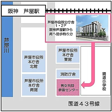 阪神芦屋駅から南へ進み、国道43号の北側にあるウィザスあしやへ向かう公式地図。駅から徒歩5分と表示。