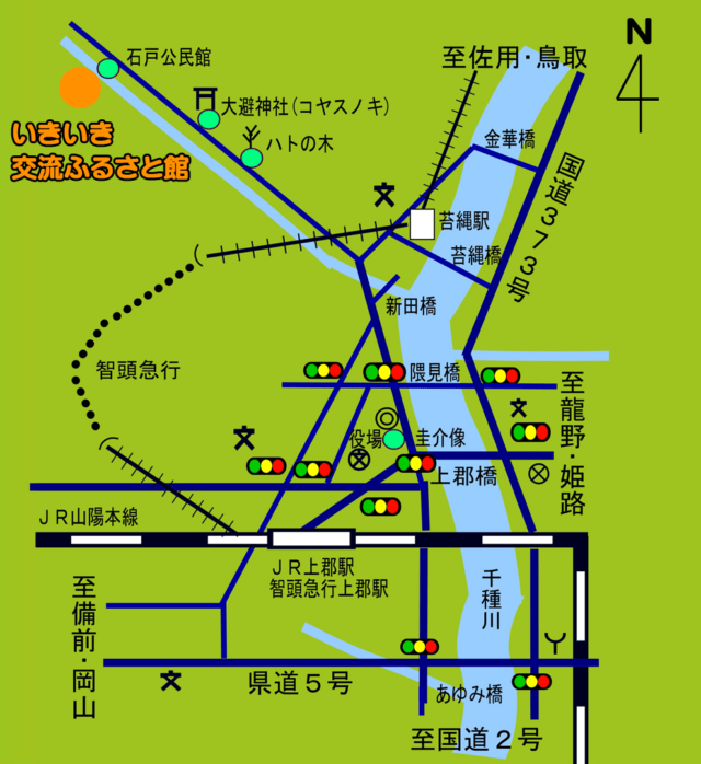 上郡駅の北、苔縄駅から岩木方面に入ったふるさと館の位置を示す町公式アクセス図