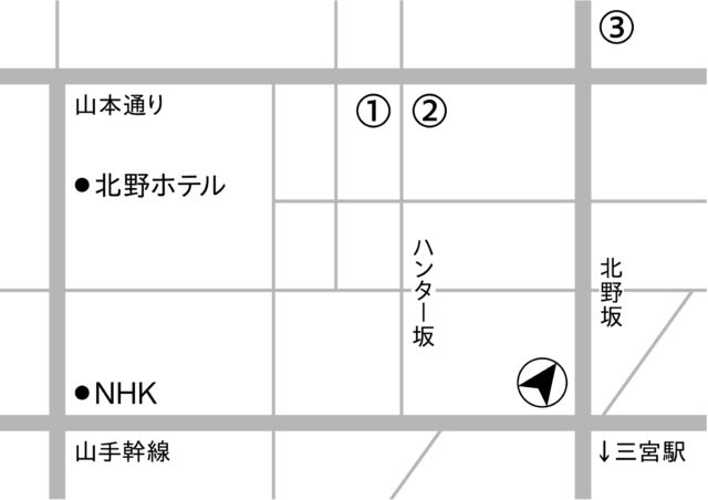 北野の3会場の位置関係を示す公式図。1ローズガーデン、2北野アレイ、3リンズギャラリー