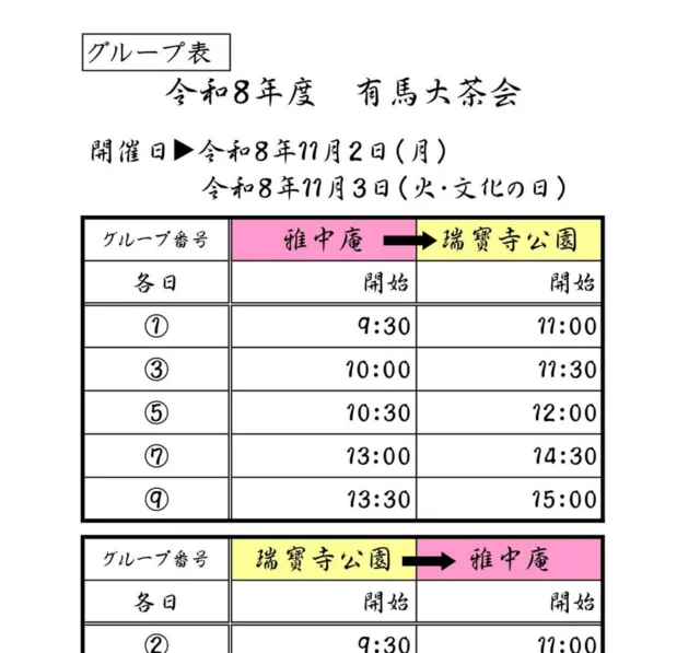 令和8年度 有馬大茶会のグループ表(雅中庵と瑞寶寺公園の開始時刻)