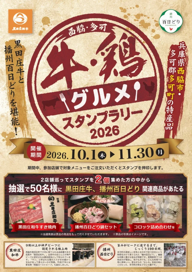 開催期間、異なる2店舗のスタンプで応募する条件、抽選50人の賞品例を載せた牛鶏グルメラリー公式チラシ