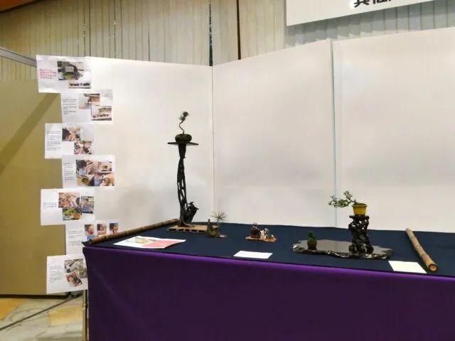 高砂市公式に掲載された過去の盆栽展示。小さな鉢植えが飾り台に並ぶ