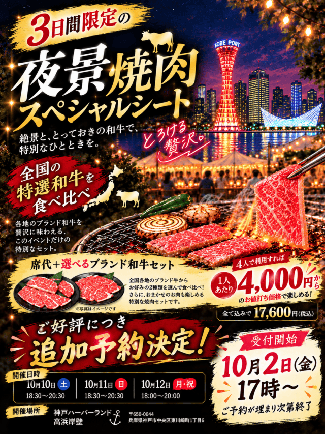 夜景焼肉の追加予約案内。1席17,600円税込、4人なら1人4,400円、10・11日18時30分から、12日18時からと記載