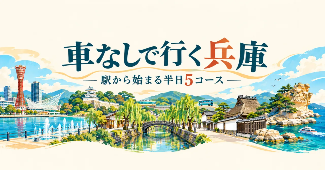 車なしで行く兵庫、駅から始まる半日5コースのイメージイラスト
