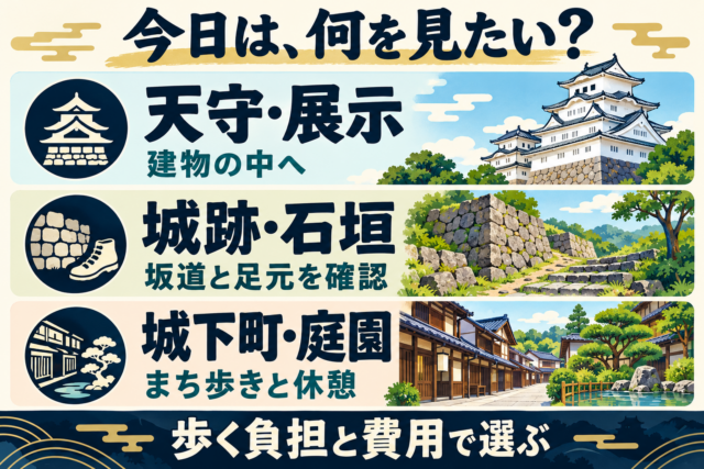 天守・展示、城跡・石垣、城下町・庭園から目的を選び、歩く負担と費用で比較する