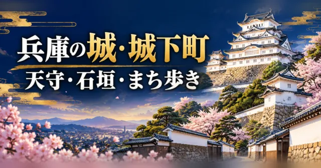 兵庫の城・城下町。天守・石垣・まち歩きを表す編集イラスト