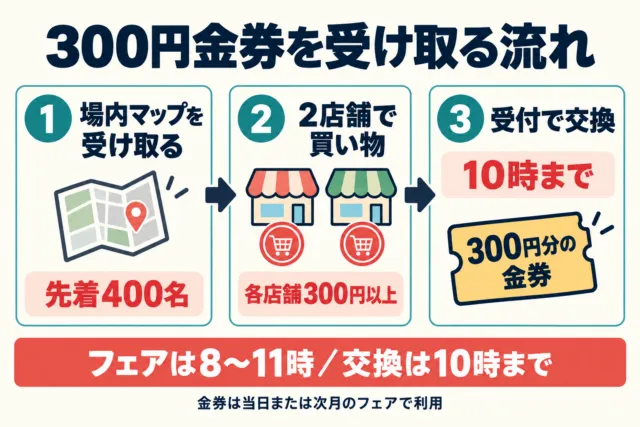 金券の手順の図解。先着400名のマップ、2店舗で各300円以上、受付で10時までに交換。フェア自体は11時まで。