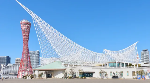 神戸海洋博物館の白い帆と波を表すスペースフレームの大屋根。メリケンパーク側から見た外観