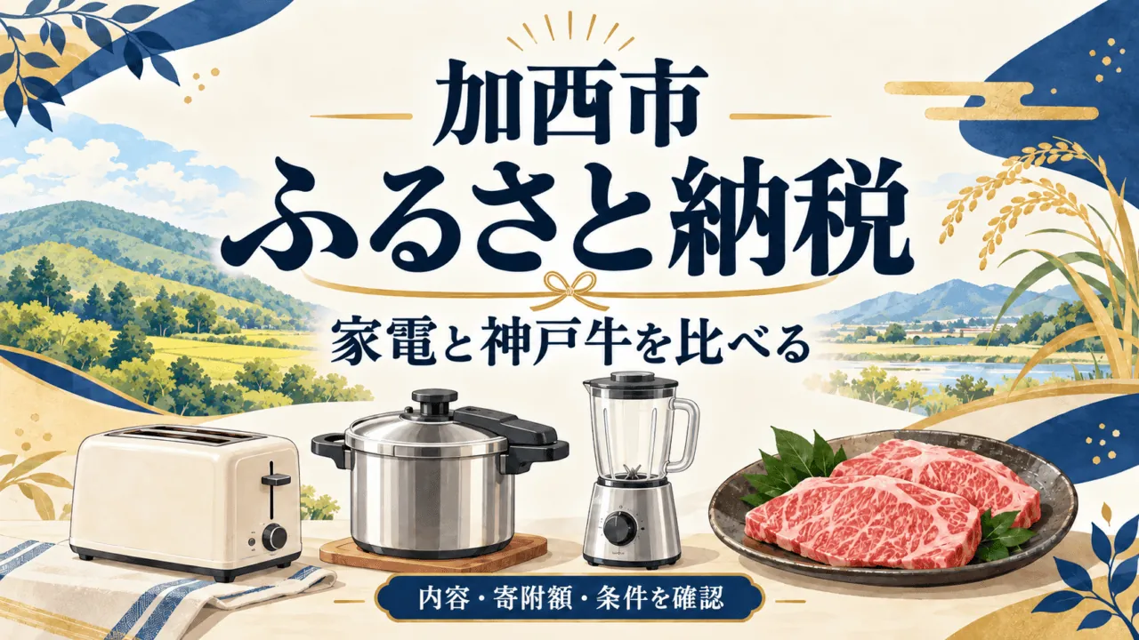 加西市ふるさと納税の内容と条件を比較する編集イラスト
