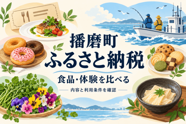 播磨町ふるさと納税の内容と条件を比較する編集イラスト