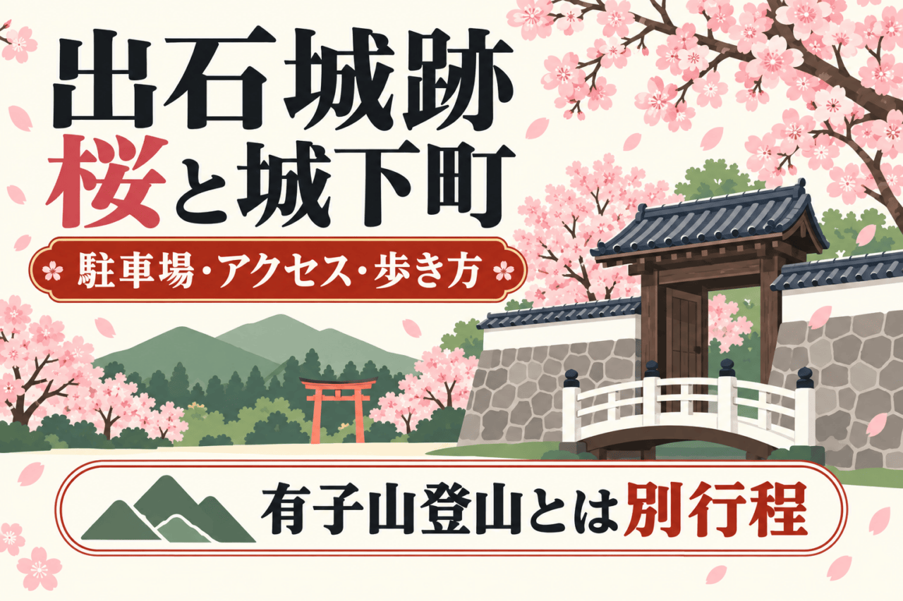 出石城跡 桜と城下町。駐車場・アクセス・歩き方、有子山登山とは別行程。橋・門・石垣・鳥居と桜の模式イラスト。