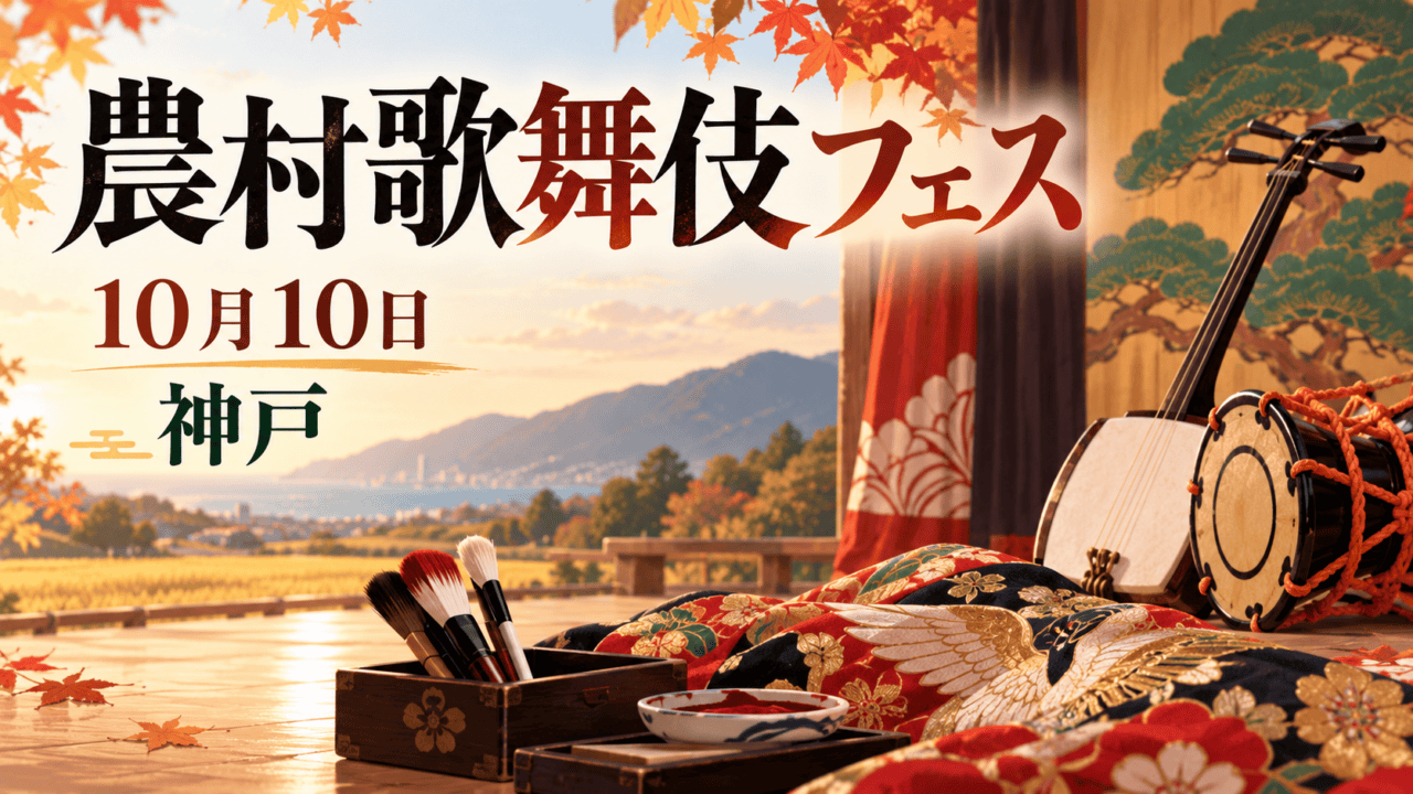 農村歌舞伎フェス、10月10日、神戸。化粧筆・衣装・和楽器を描いた編集イラスト