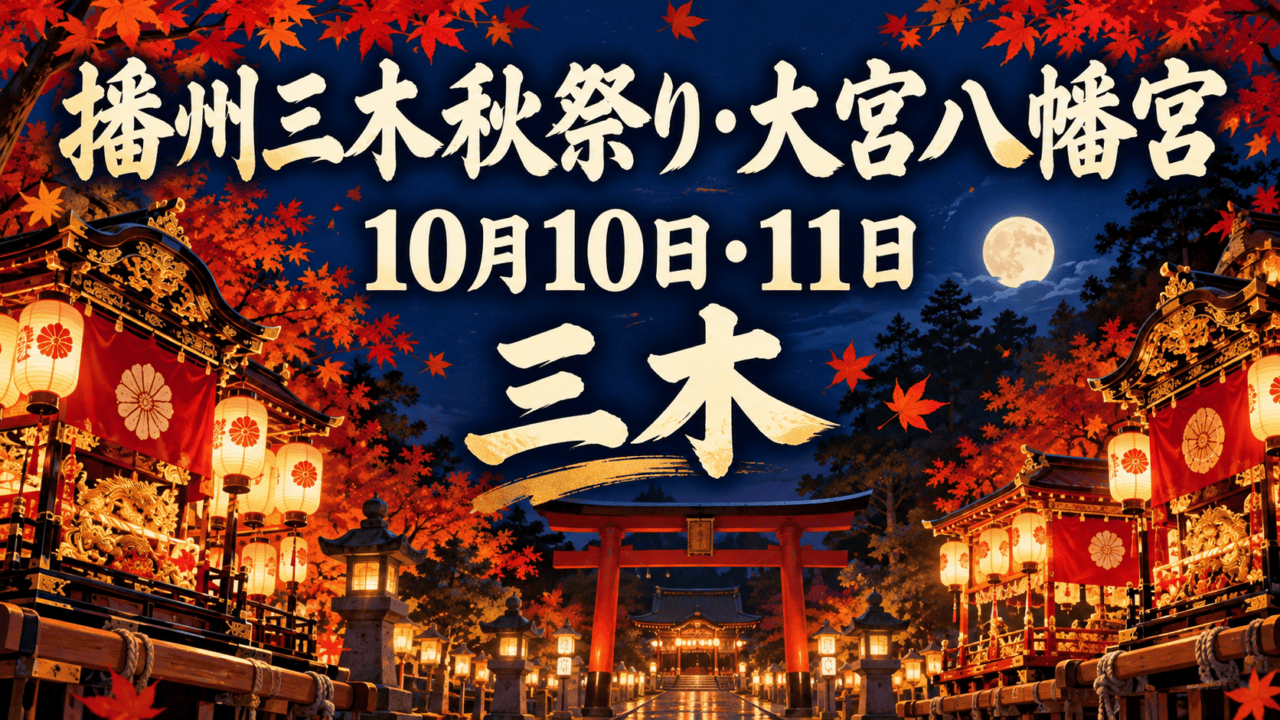 播州三木秋祭り・大宮八幡宮、10月10日・11日、三木。屋台と提灯を描いた編集イラスト