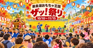 東条湖おもちゃ王国のザッ!祭り。2026年10月10日〜11月15日、おみこしと太鼓の秋祭りを描いたイラスト
