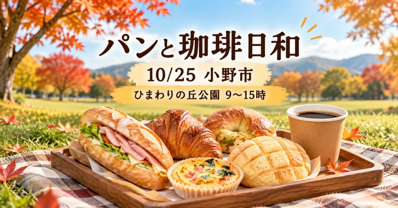 秋の芝生に並ぶパンとコーヒー。パンと珈琲日和、10月25日小野市、ひまわりの丘公園9〜15時
