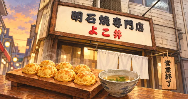 明石焼専門店 よこ井の営業終了を伝えるイメージイラスト。木の看板と玉子焼、昆布だし