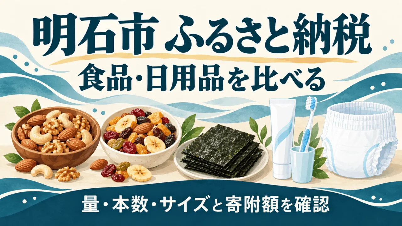 明石市ふるさと納税の内容と条件を比較する編集イラスト
