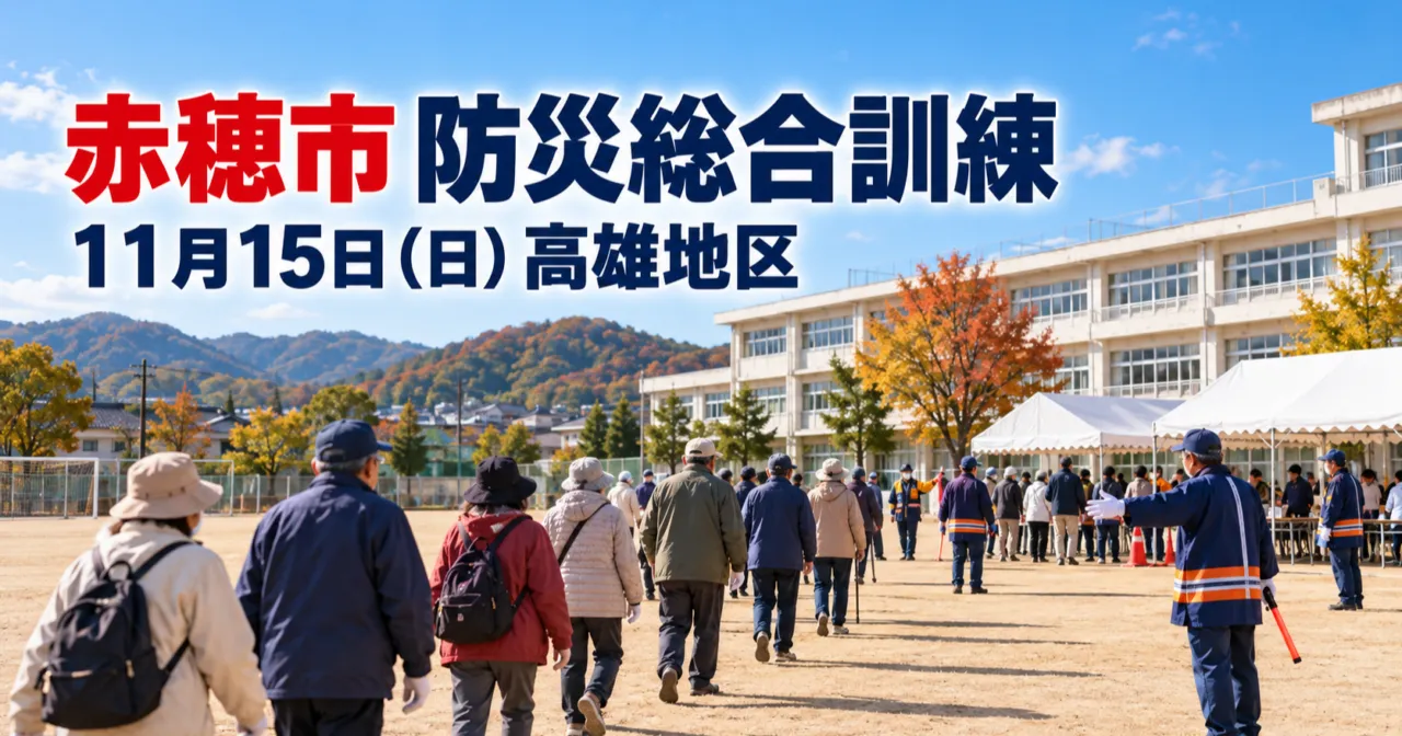 小学校の校庭へ地域の住民が避難して集まる様子と「赤穂市 防災総合訓練 11月15日(日)高雄地区」の文字