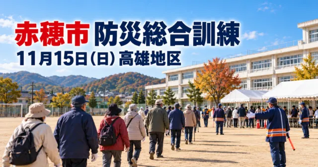 小学校の校庭へ地域の住民が避難して集まる様子と「赤穂市 防災総合訓練 11月15日（日）高雄地区」の文字