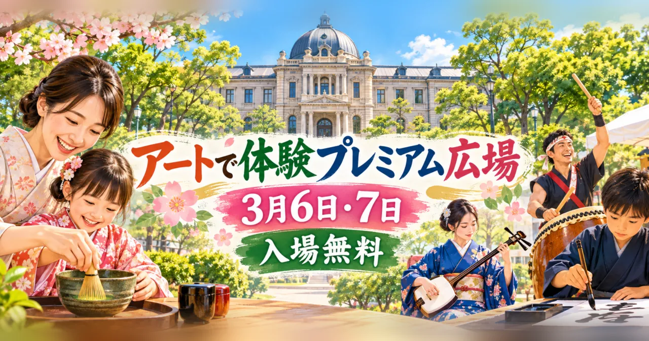 兵庫県公館を背景に、茶道・三味線・和太鼓・書道を体験する親子と「アートで体験プレミアム広場」の文字