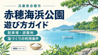兵庫県赤穂市の赤穂海浜公園、遊び方ガイド。駐車場・遊園地・塩づくりの利用条件を確認する編集イメージ。