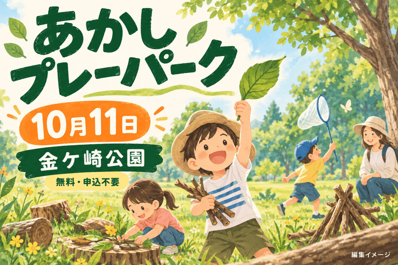 あかしプレーパーク、10月11日、金ケ崎公園、無料・申込不要。自然の中で遊ぶ架空の親子を描く編集イメージ。