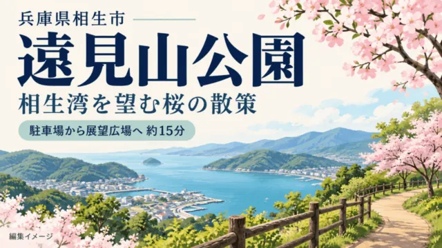 兵庫県相生市・遠見山公園の桜と散策ガイド。駐車場から展望広場へ約15分を案内する編集イメージ。