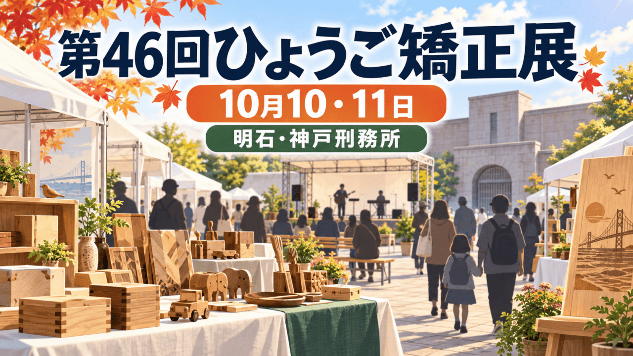 第46回ひょうご矯正展、10月10・11日、明石・神戸刑務所。木製品と展示会場を描く編集イラスト