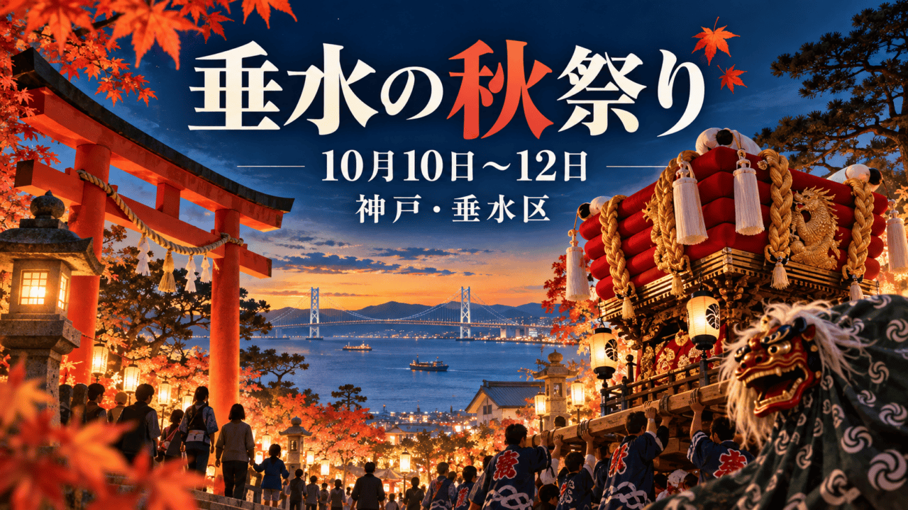 垂水の秋祭り、10月10日から12日、神戸・垂水区。鳥居と布団太鼓などを描いた編集イラストで、実際の巡行写真ではない