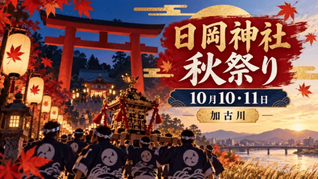 日岡神社秋祭り、10月10・11日、加古川。鳥居と神輿を描いた編集イラストで実際の祭礼写真ではない