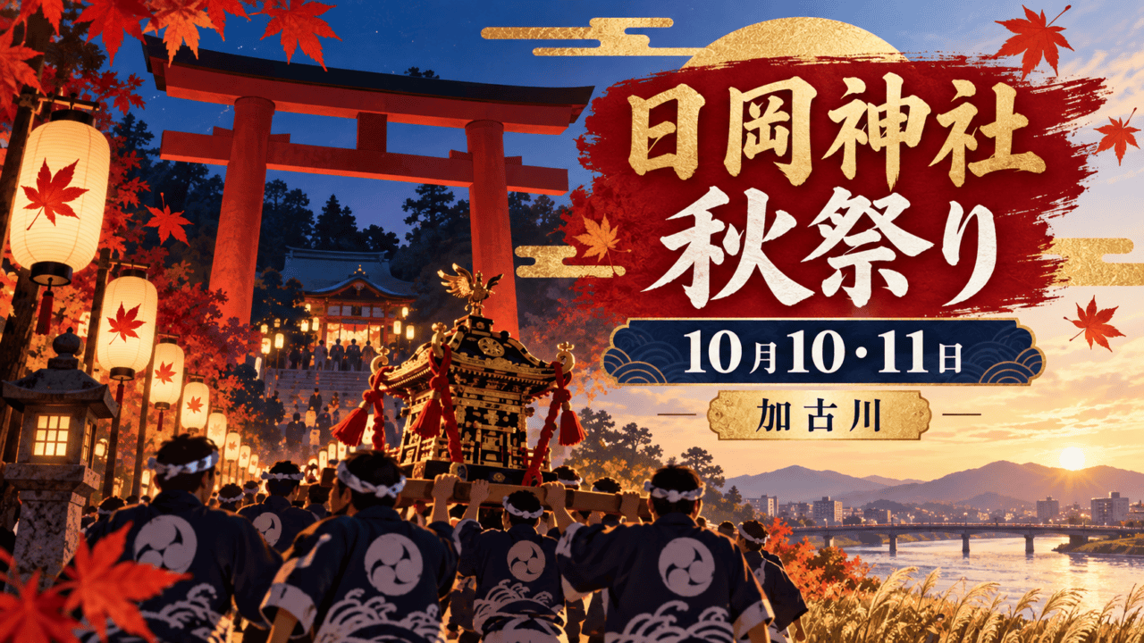 日岡神社秋祭り、10月10・11日、加古川。鳥居と神輿を描いた編集イラストで実際の祭礼写真ではない