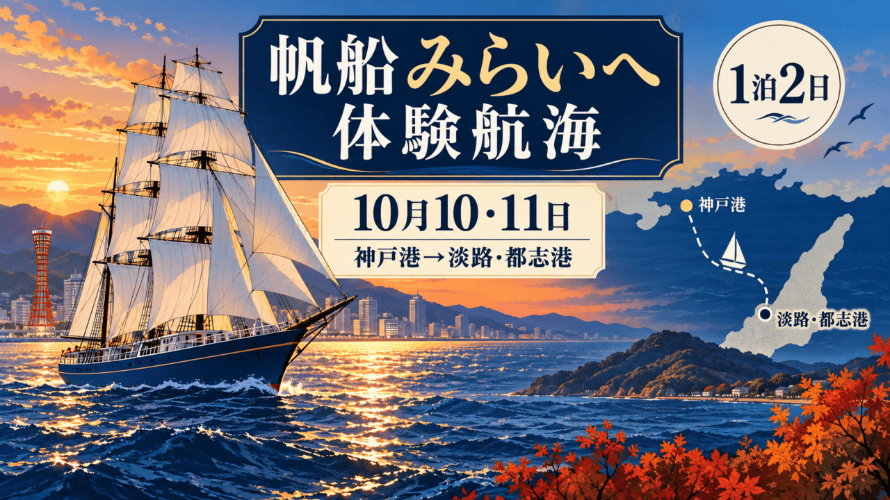 帆船みらいへ体験航海、10月10・11日、神戸港から淡路・都志港を示す編集イラスト。実際の船の写真ではない