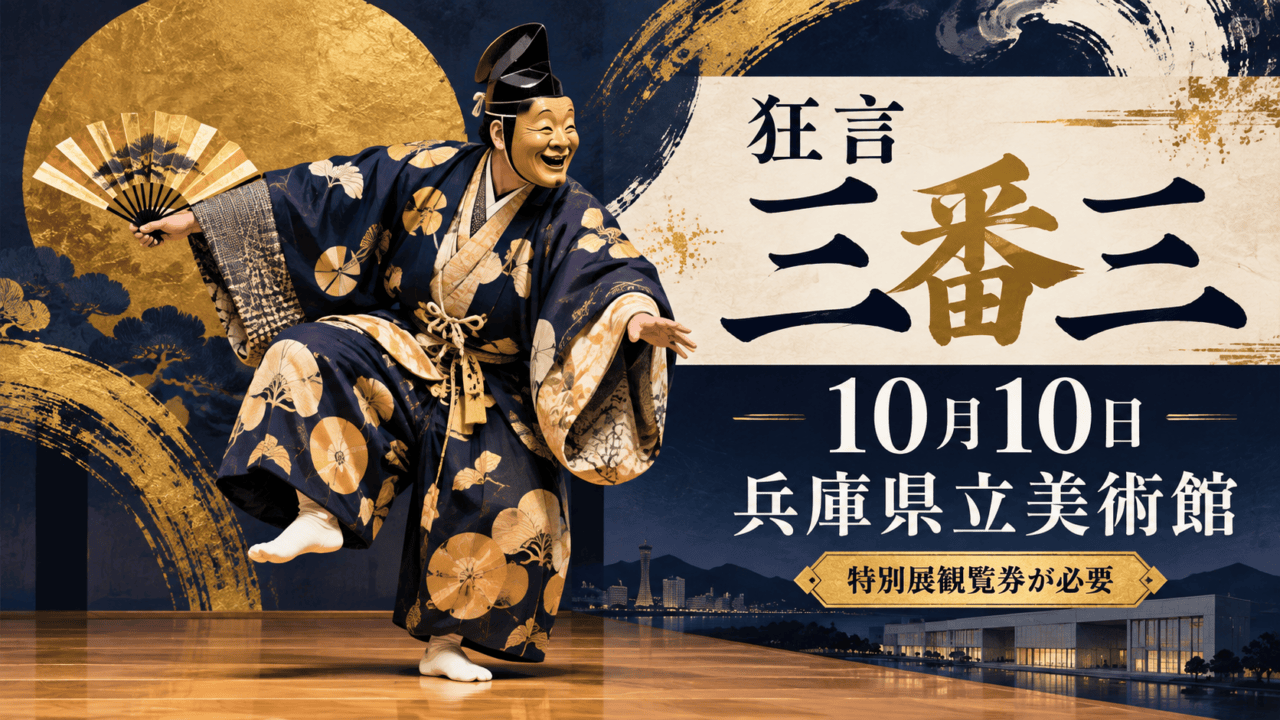 狂言「三番三」、10月10日、兵庫県立美術館。特別展観覧券が必要と示す編集イラストで出演者の実写ではない