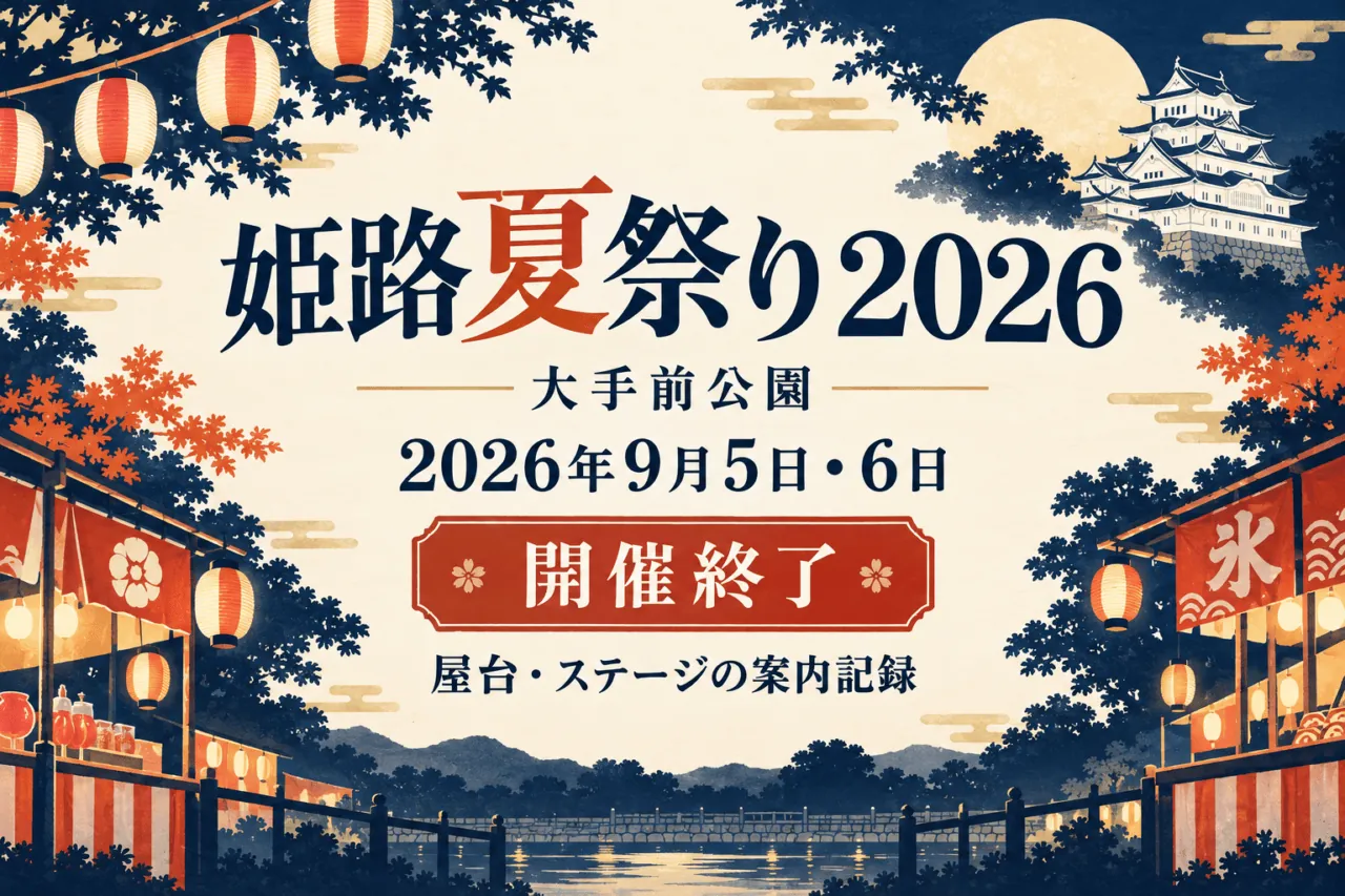 姫路夏祭り2026、大手前公園、2026年9月5日・6日、開催終了、屋台・ステージの案内記録と表示した白城・提灯・屋台のイラスト。実際の開催日や会場配置を撮影した写真ではありません。