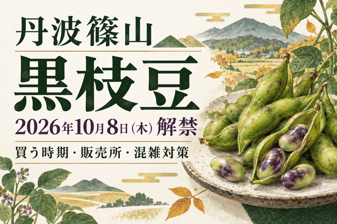 丹波篠山の黒枝豆、2026年10月8日（木）解禁。買う時期・販売所・混雑対策を案内する、枝豆と成熟豆のイメージイラスト