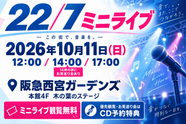 22/7の2026年10月11日ミニライブ、阪急西宮ガーデンズ。3開始時刻と無料観覧・CD予約特典の違いを示すマイクの概念イラスト