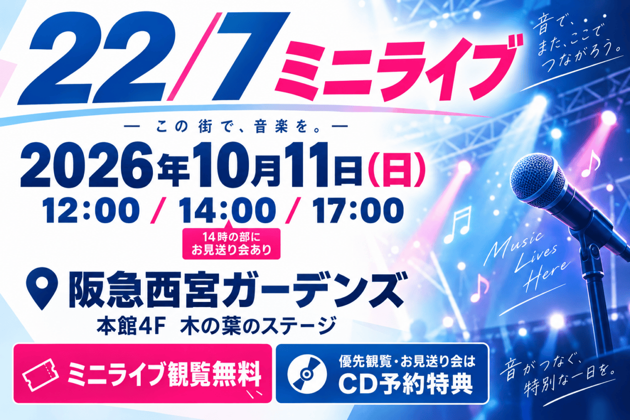 22/7の2026年10月11日ミニライブ、阪急西宮ガーデンズ。3開始時刻と無料観覧・CD予約特典の違いを示すマイクの概念イラスト
