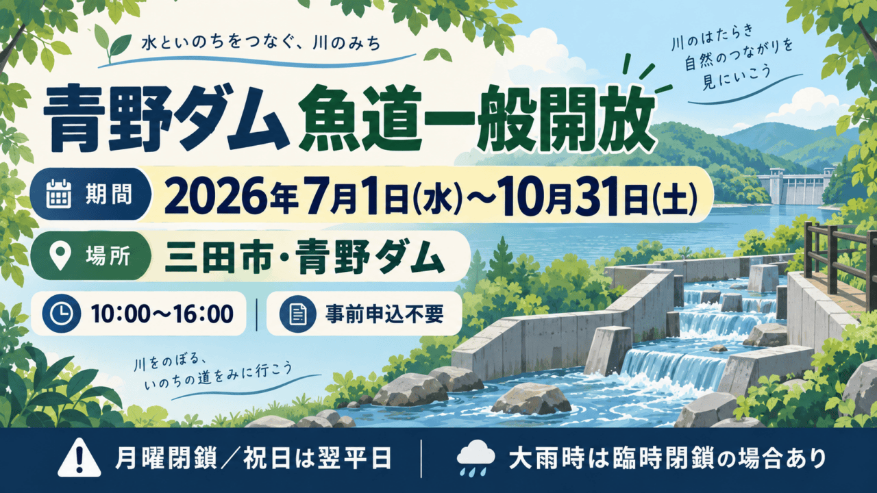 青野ダム魚道一般開放、三田市、2026年7月1日〜10月31日10〜16時。申込不要、月曜閉鎖で祝日は翌平日。水路とダムの概念イラストで現地写真ではない