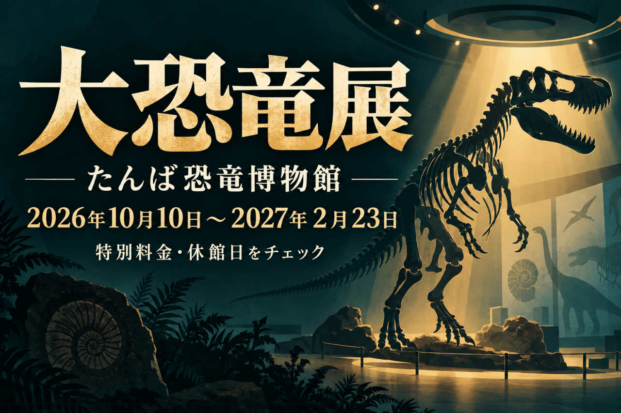 大恐竜展、たんば恐竜博物館、2026年10月10日〜2027年2月23日。特別料金と休館の確認を示す恐竜骨格のイメージイラスト