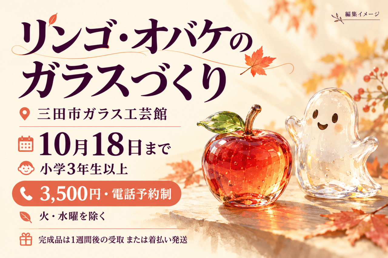 三田市ガラス工芸館のリンゴ・オバケのガラスづくり。10月18日まで、小学3年生以上、電話予約制の編集イメージ