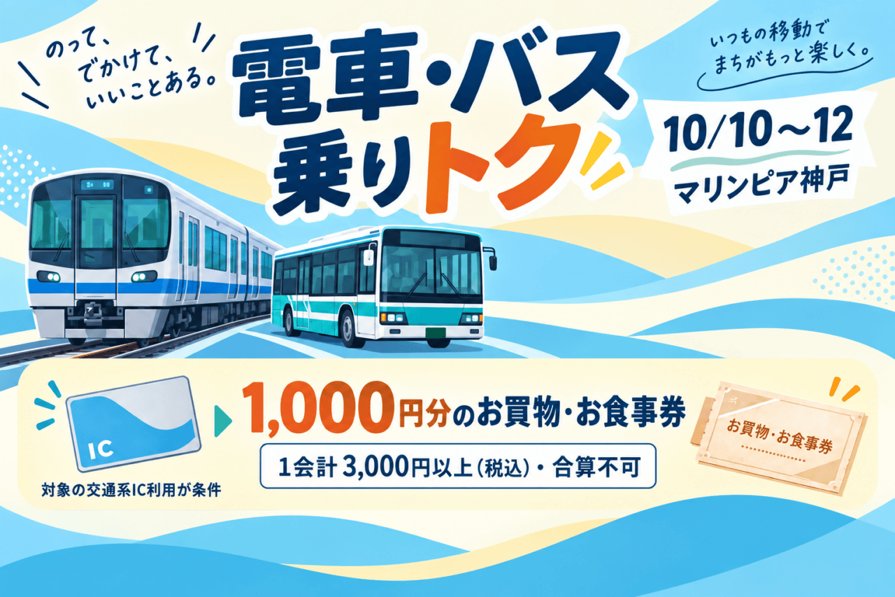 電車・バス乗りトク、10月10〜12日、マリンピア神戸。1,000円券・1会計税込3,000円以上合算不可を示す交通の概念イラスト