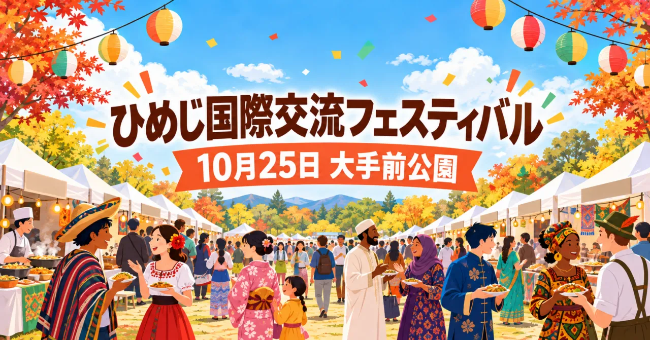 秋の公園に並ぶ世界各国の料理の屋台と民族衣装の人々(イメージイラスト)