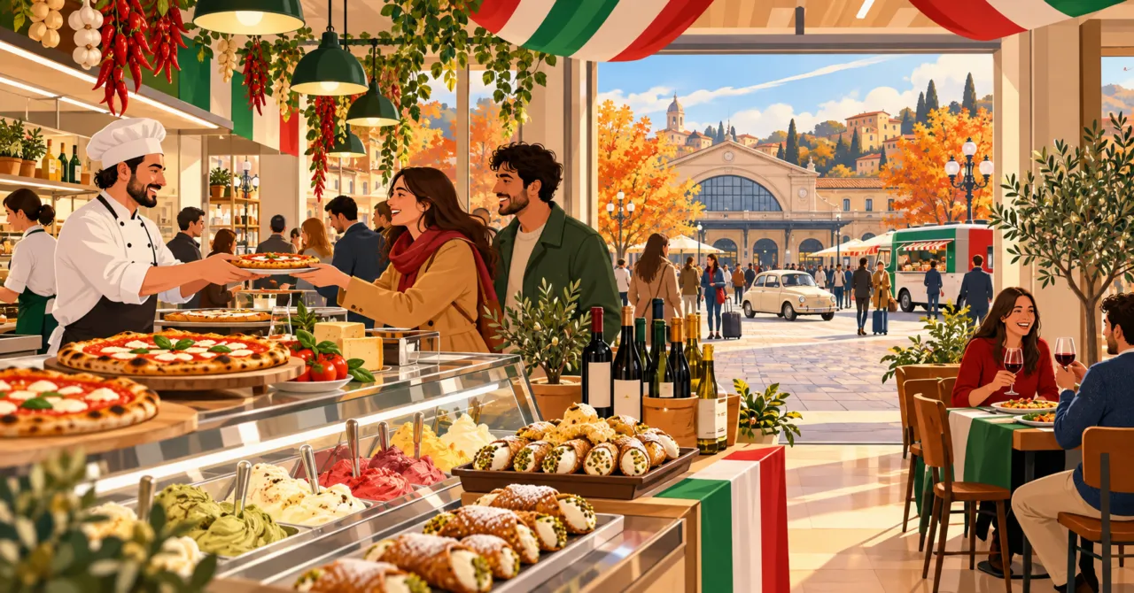 大丸須磨店のイタリアフェアをイメージした、イタリア風の売り場と駅前広場のイラスト