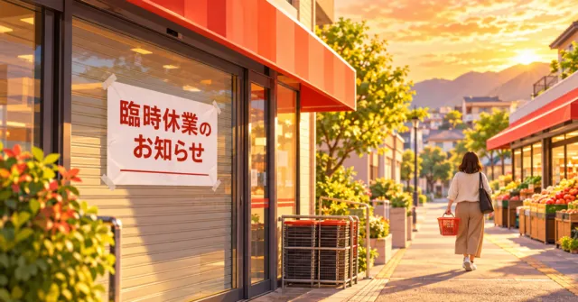 閉店の掲示がある食品スーパーの店頭と、買い物かごを持って歩く人のイメージイラスト