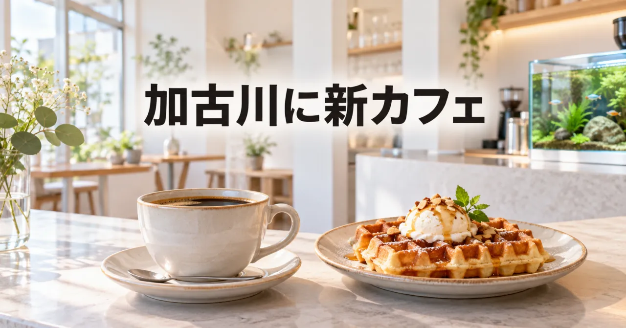 加古川の新カフェのイメージ。コーヒーとワッフル、奥に水槽のある白い店内