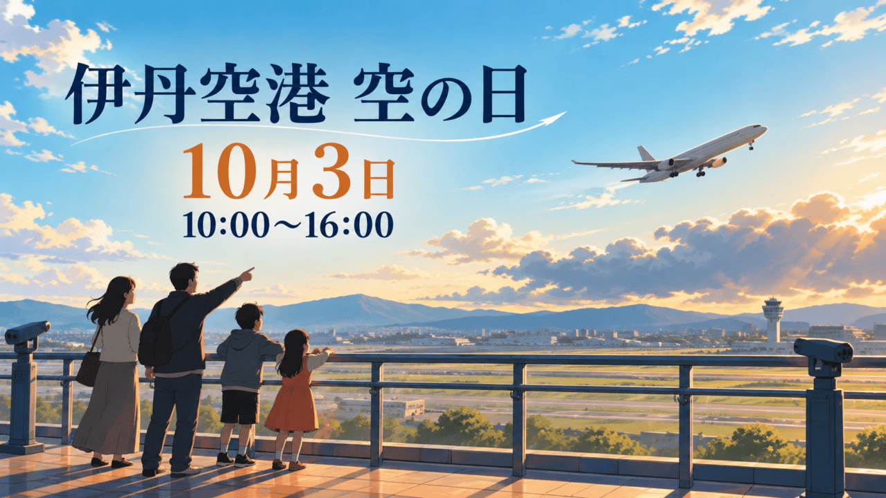 空港展望デッキから飛行機を眺める家族のイラスト。「伊丹空港 空の日」「10月3日」「10:00〜16:00」と表示。実際の当日の写真ではありません。