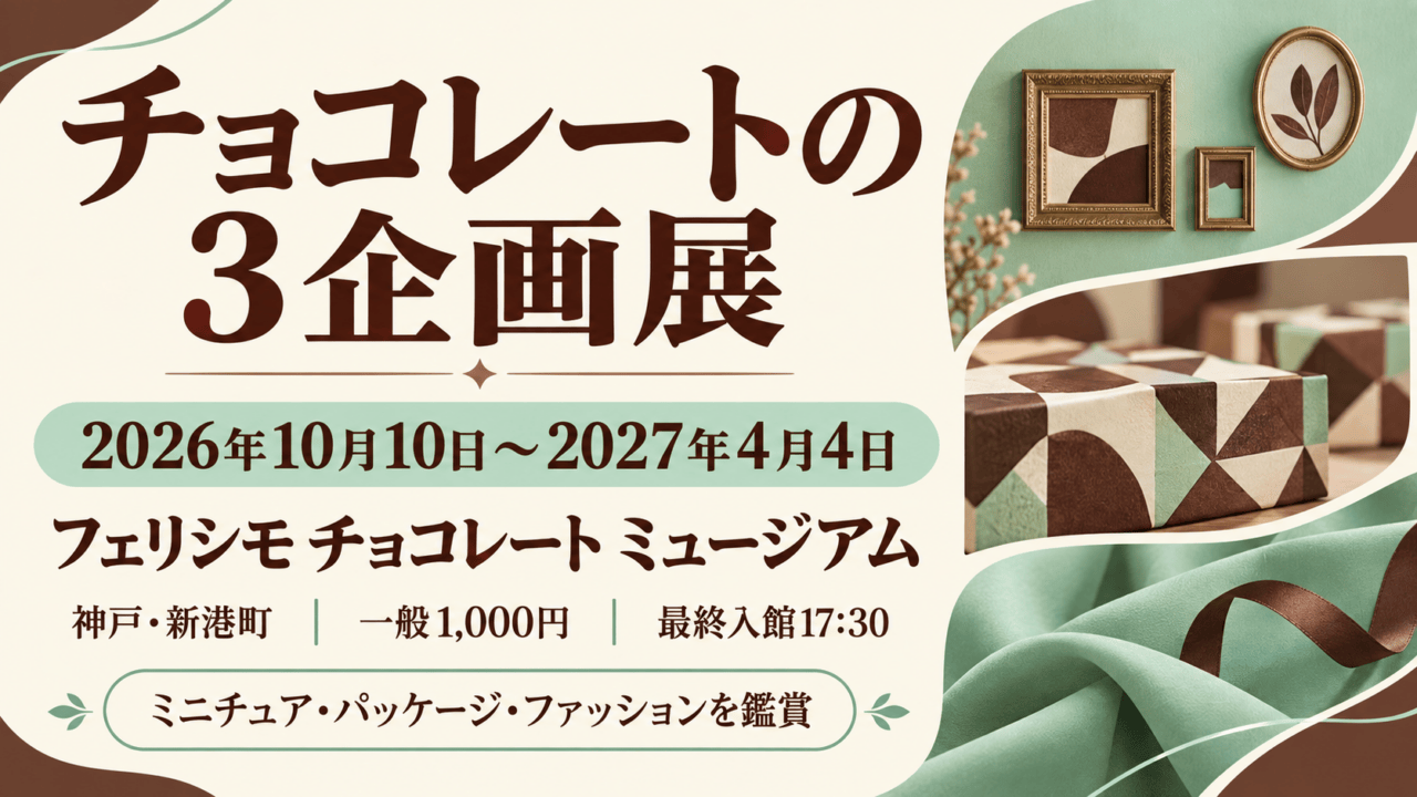 チョコレートの3企画展は2026年10月10日～2027年4月4日、神戸のフェリシモチョコレート ミュージアムで開催。一般1,000円、最終入館17時30分。