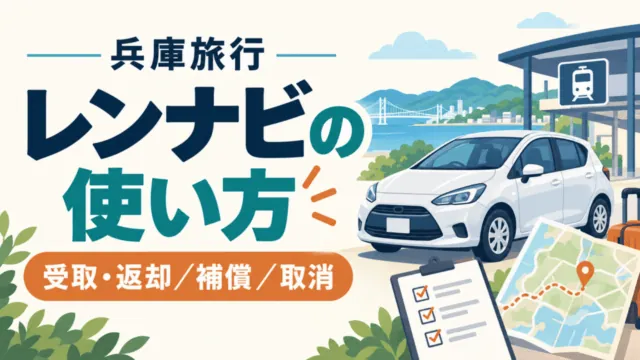 兵庫旅行、レンナビの使い方。受取・返却、補償、取消を確認する案内イラスト。