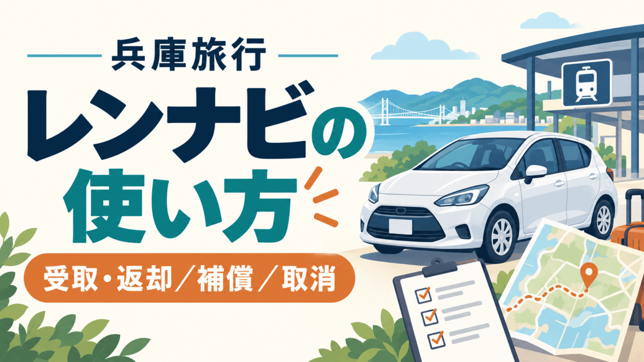 兵庫旅行、レンナビの使い方。受取・返却、補償、取消を確認する案内イラスト。