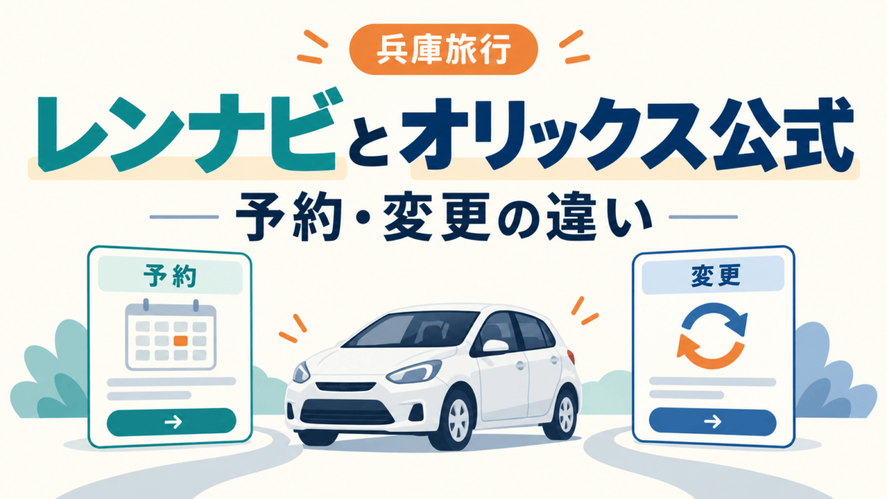 兵庫旅行、レンナビとオリックス公式の予約・変更の違い。車と予約・変更のカードを描いた独自の案内イラスト。
